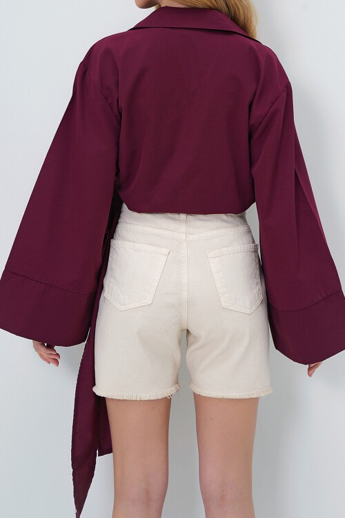 Bordo Geniş Manşetli Kol Detaylı Önü Bağlamalı Poplin Gömlek