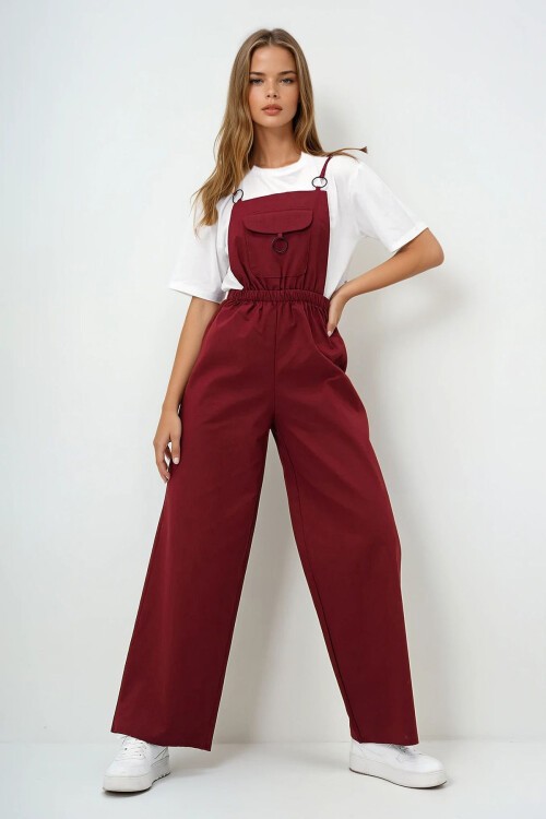 Bordo Önü Cepli Askılı Halka Detaylı Aerobin Salopet Pantolon