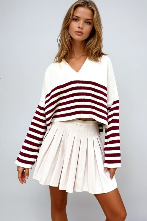 Bordo Polo Yaka Çizgili Crop Kazak