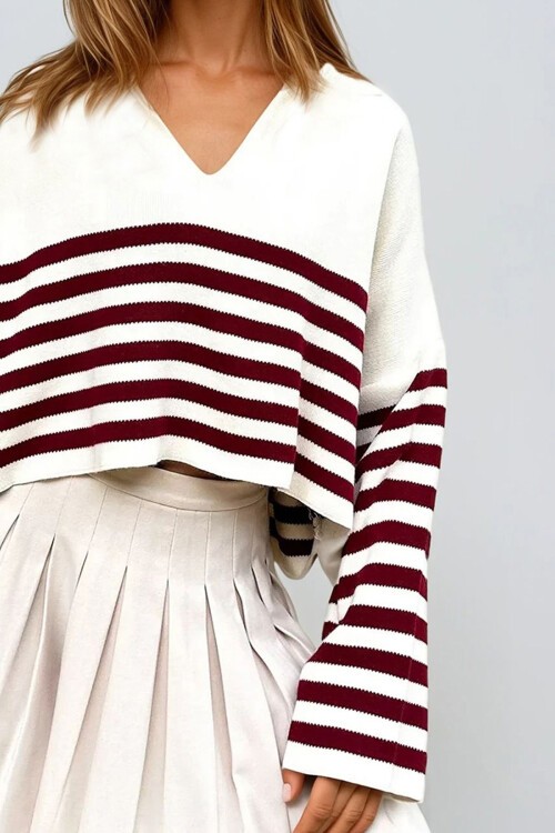 Bordo Polo Yaka Çizgili Crop Kazak