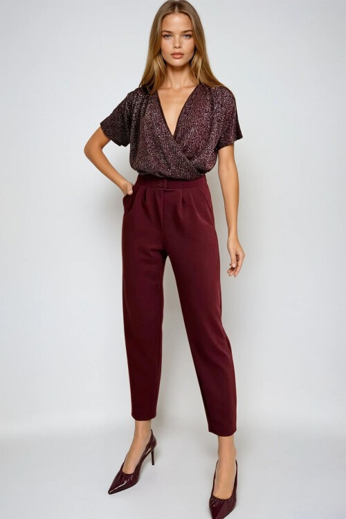 Bordo Yüksek Bel Havuç Pantolon