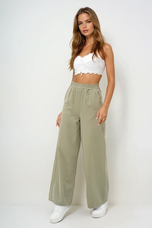 Çağla Yeşili Çift Cepli Gabardin Palazzo Pantolon