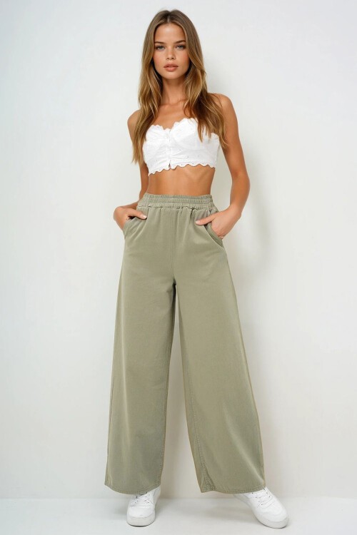 Çağla Yeşili Çift Cepli Gabardin Palazzo Pantolon