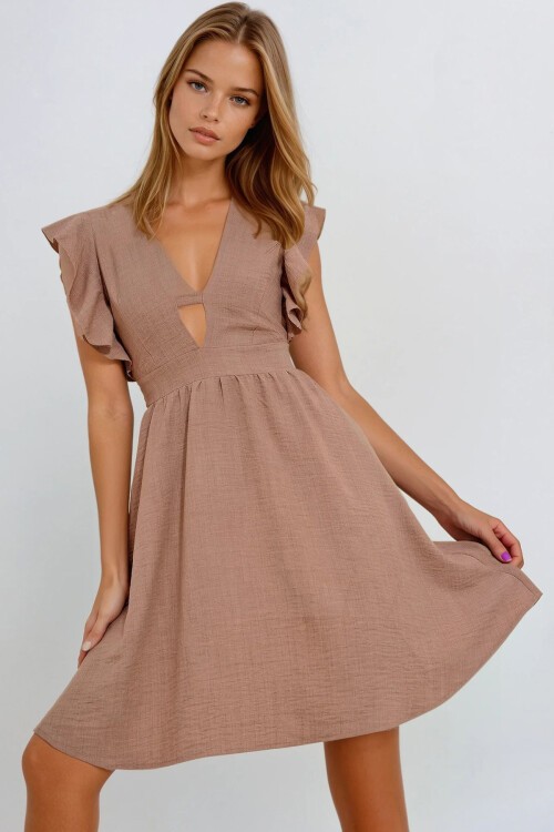Camel V Yaka Kolları Volanlı Sırtı Fermuarlı Aerobin Keten Dokuma Elbise