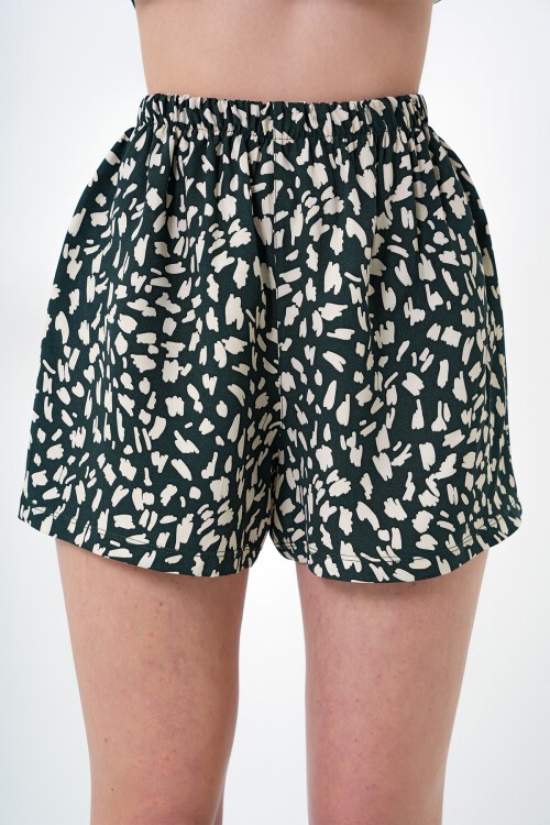 Ceviz Yeşili Geometrik Desenli Önü Düğmeli Dokuma Gömlek Ve Şort Pijama Takım