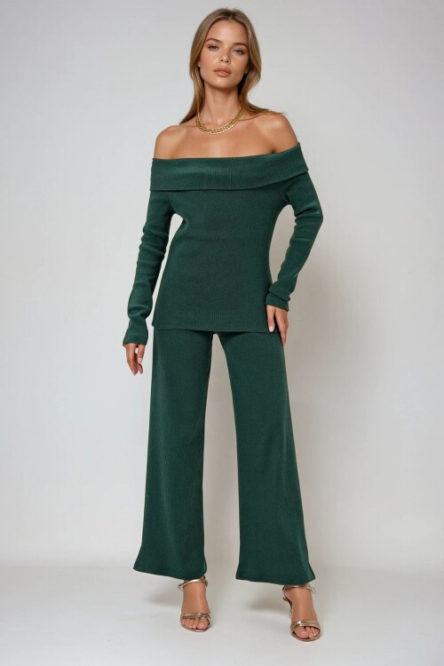 Ceviz Yeşili Madonna Yaka Kaşkorse Bluz Ve Pantolon Takım