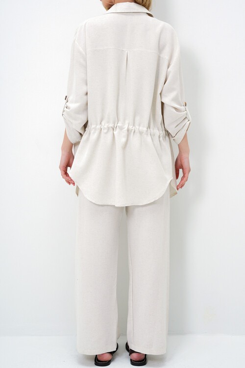 Ekru Gömlek Yaka Çift Cepli Bağlamalı Keten Safari Ceket Ve Pantolon Takım