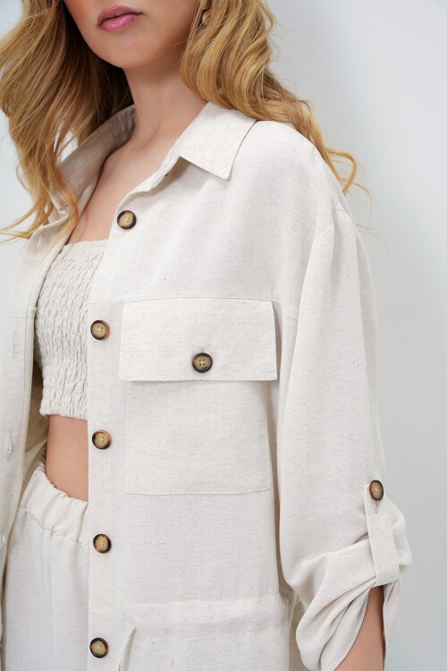 Ekru Gömlek Yaka Çift Cepli Bağlamalı Keten Safari Ceket Ve Pantolon Takım