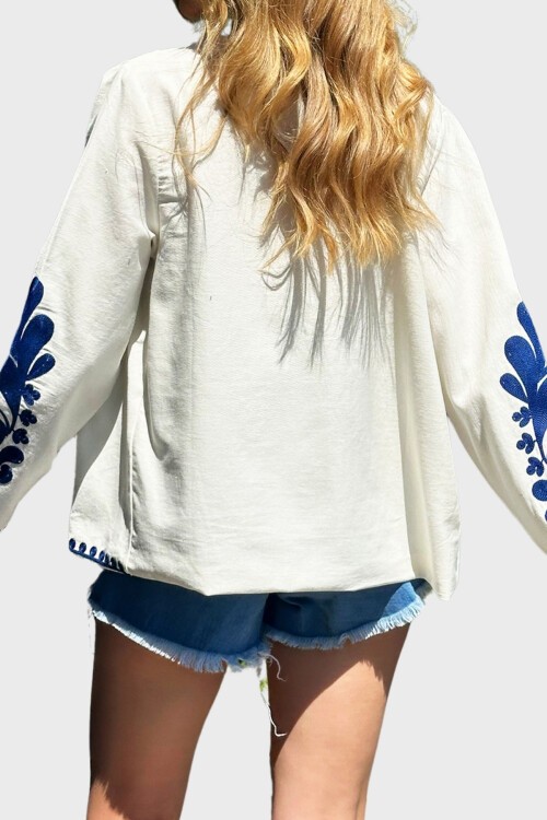 Ekru Nakış İşlemeli İçi Astarlı Ceket