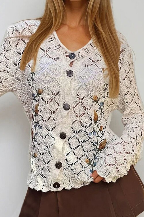 Ekru Nakışlı Ajurlu Triko Hırka