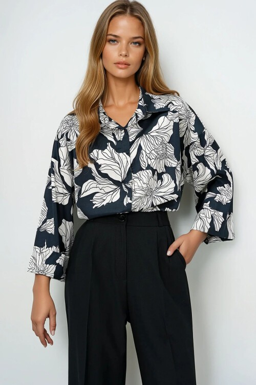 Ekru Siyah Dijital Baskılı Oversize Double Kol Premium Dokuma Gömlek