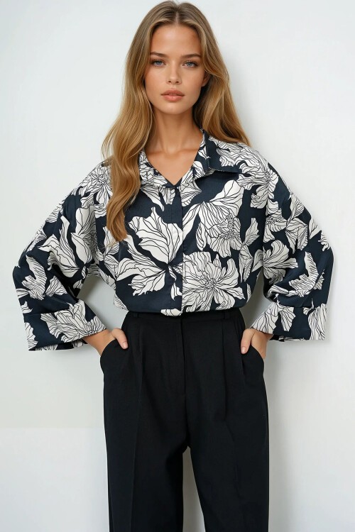 Ekru Siyah Dijital Baskılı Oversize Double Kol Premium Dokuma Gömlek