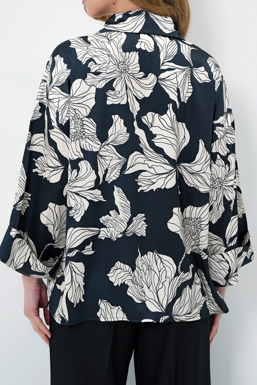 Ekru Siyah Dijital Baskılı Oversize Double Kol Premium Dokuma Gömlek