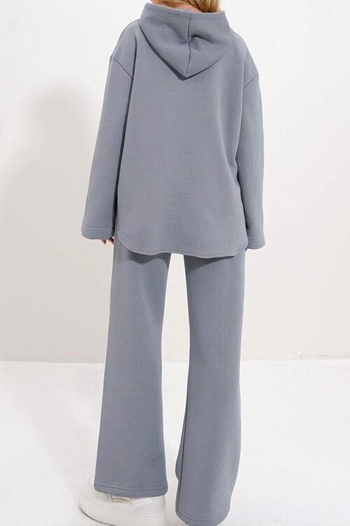 Gri Kapüşonlu Fermuarlı Çift Cepli 3 İplik İçi Şardonlu Eşofman Takım