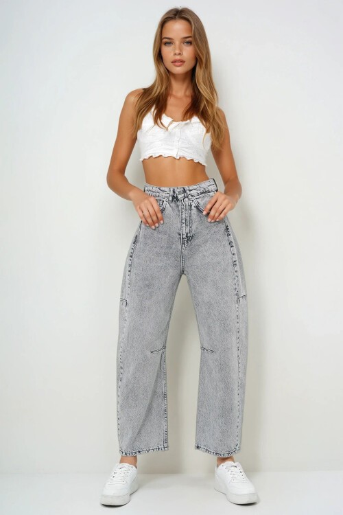 Gri Yüksek Bel Baggy Balloon Jean