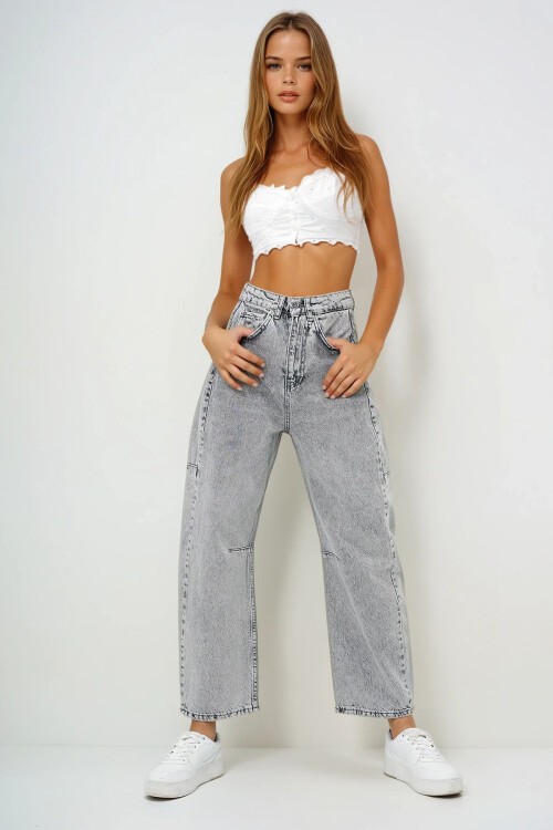 Gri Yüksek Bel Baggy Balloon Jean