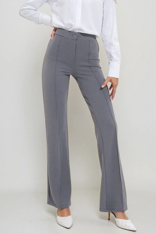 Gri Yüksek Bel Önü Çimalı Bol Paça Likralı Pantolon