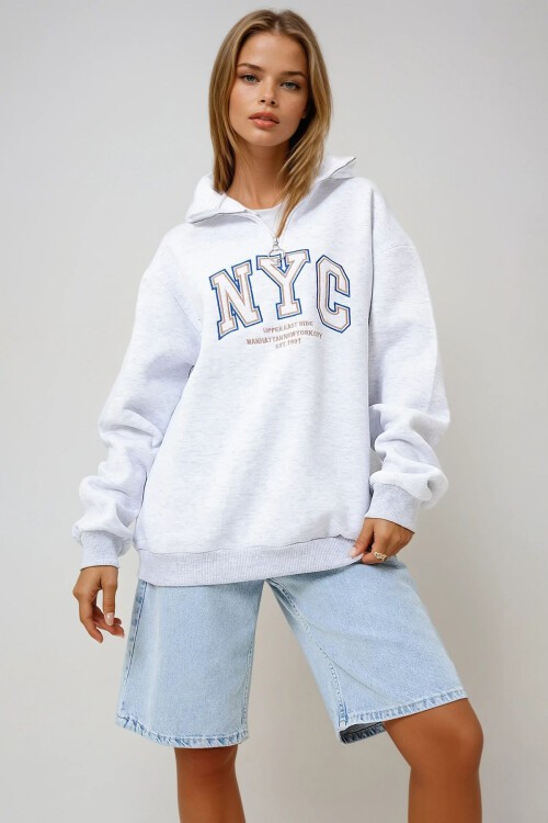 Grimelanj Dik Yaka Fermuarlı Önü Nakışlı Oversize 3 İplik İçi Şardonlu Unisex Sweatshirt