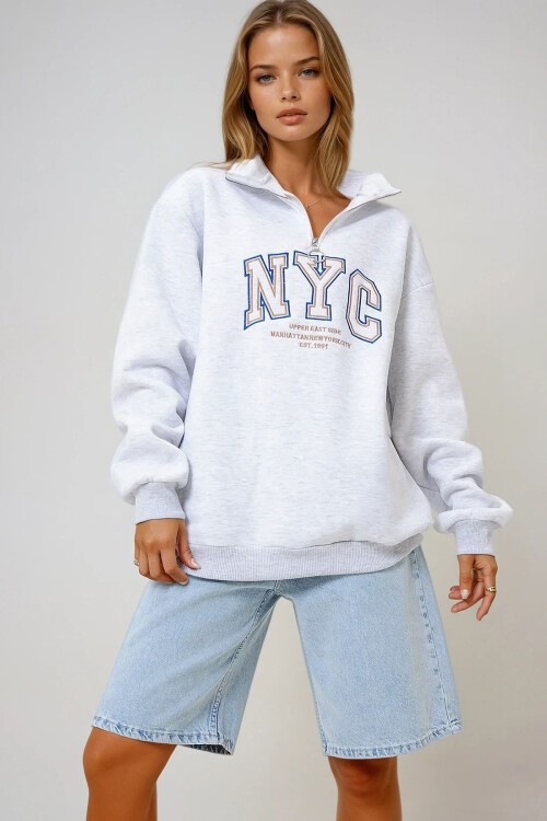 Grimelanj Dik Yaka Fermuarlı Önü Nakışlı Oversize 3 İplik İçi Şardonlu Unisex Sweatshirt