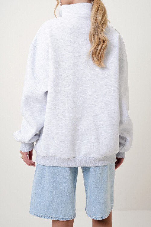 Grimelanj Dik Yaka Fermuarlı Önü Nakışlı Oversize 3 İplik İçi Şardonlu Unisex Sweatshirt