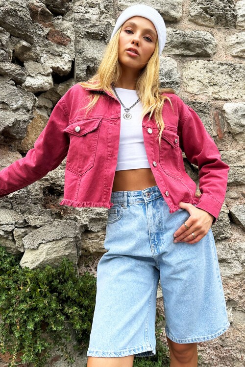 Gül Kurusu Çift Cepli Püskül Detaylı Crop Jean Ceket