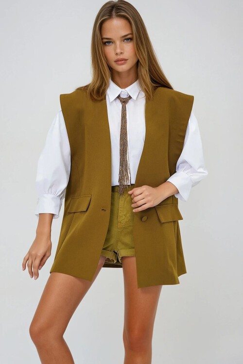 Haki Çift Yırtmaçlı Tek Düğme Oversize Dokuma Çoban Yelek