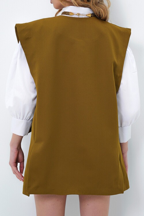 Haki Çift Yırtmaçlı Tek Düğme Oversize Dokuma Çoban Yelek