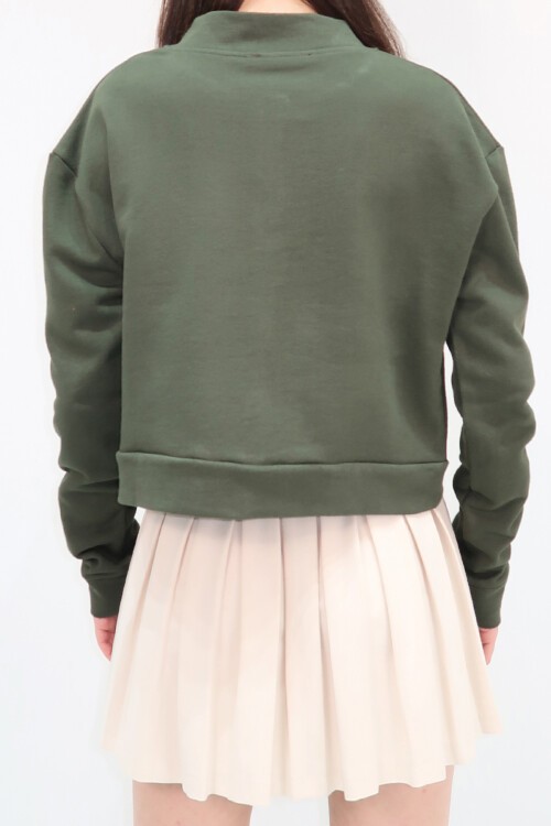 Haki Çıt Çıt Kapamalı Çift Cepli İçi Şardonlu Crop Ceket