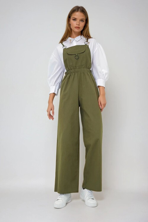 Haki Önü Cepli Askılı Halka Detaylı Aerobin Salopet Pantolon