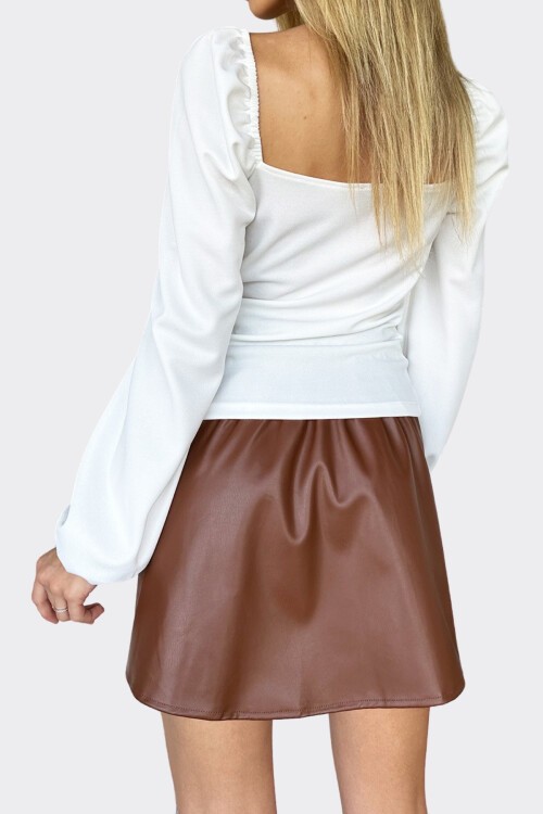 Kahve Beli Lastikli Suni Deri Kloş Mini Etek