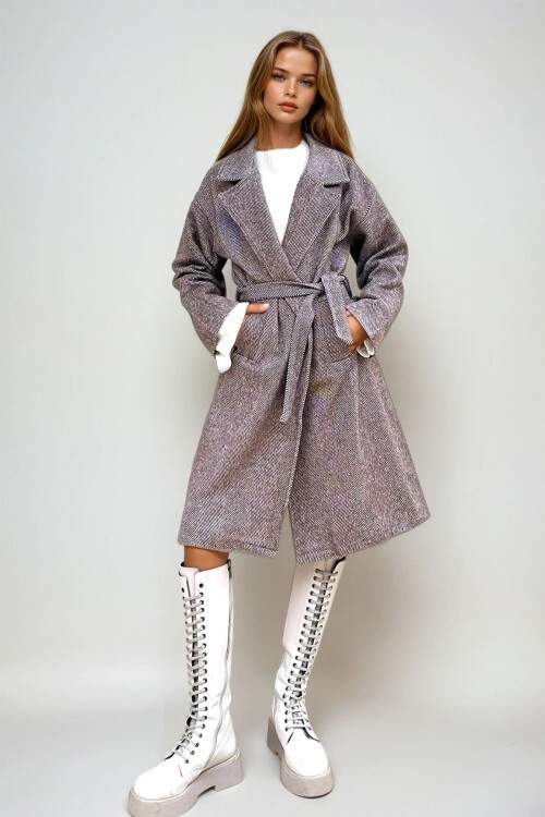 Kahve Çift Cepli İçi Astarsız Kendinden Kemerli Kaşe Kaban