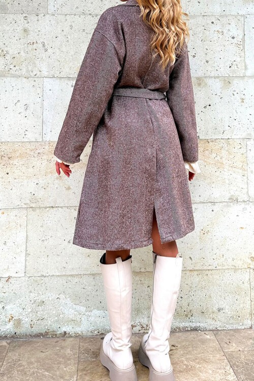 Kahve Çift Cepli İçi Astarsız Kendinden Kemerli Kaşe Kaban