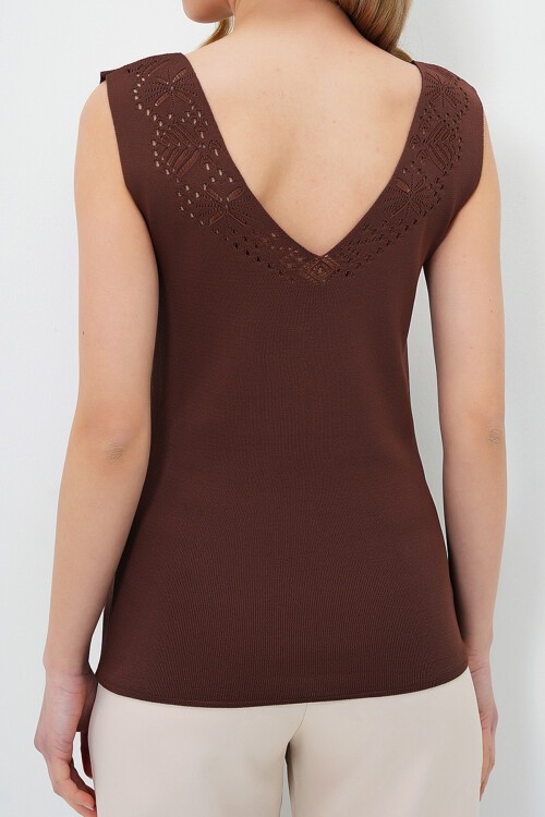 Kahve Ön Arka V Yaka Ajurlu Yazlık Triko Bluz