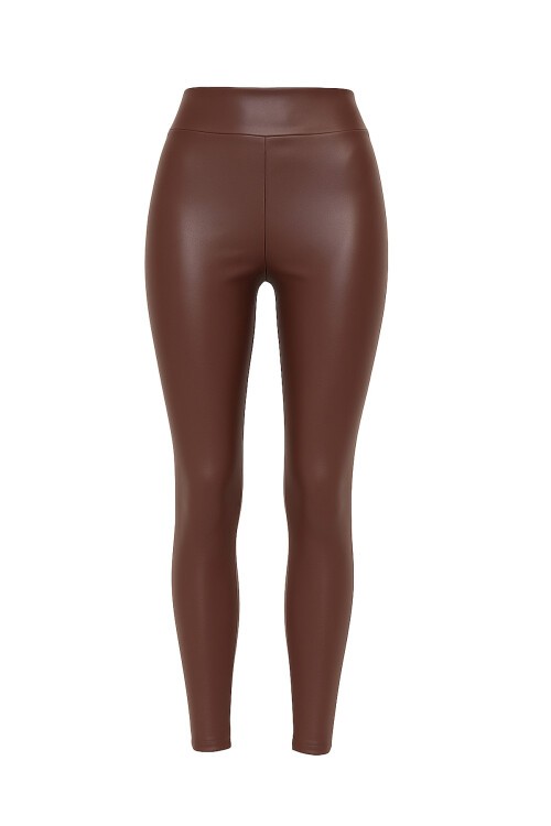 Kahverengi Beli Lastikli İçi Şardonlu Likralı Suni Deri Tayt