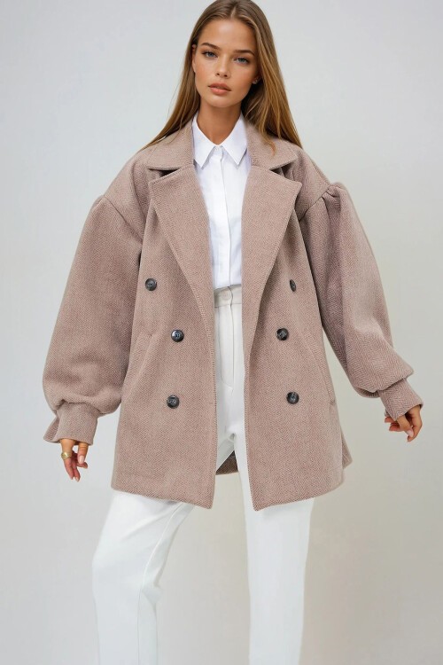 Kahverengi Kruvaze Yaka Balon Kol Kaşe Kaban