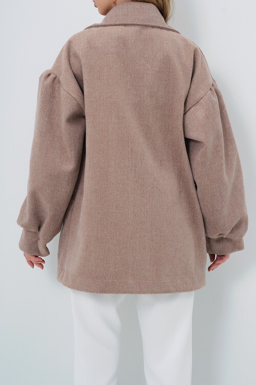 Kahverengi Kruvaze Yaka Balon Kol Kaşe Kaban