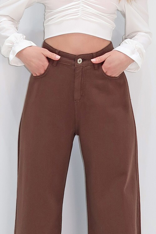 Kahverengi Yüksek Bel Beş Cepli Wide Leg Yazlık Gabardin Pantolon