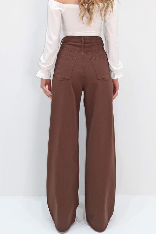 Kahverengi Yüksek Bel Beş Cepli Wide Leg Yazlık Gabardin Pantolon