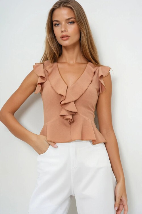 Karamel Yakası Fırfırlı Bel Kısmı Volanlı Örme Crep V Yaka Yazlık Bluz