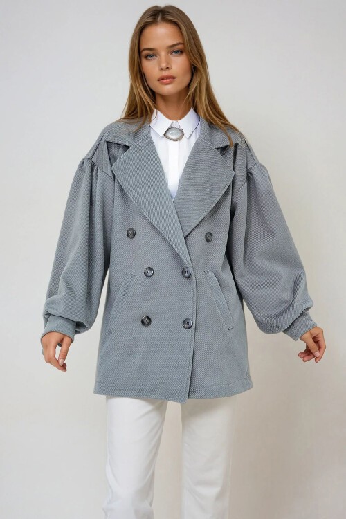 Kırçıllı Gri Kruvaze Yaka Balon Kol Kaşe Kaban