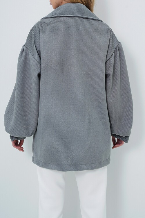 Kırçıllı Gri Kruvaze Yaka Balon Kol Kaşe Kaban