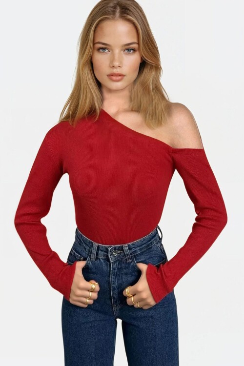 Kırmızı Kayık Yaka Tek Omuzu Açık Kaşkorse Bluz
