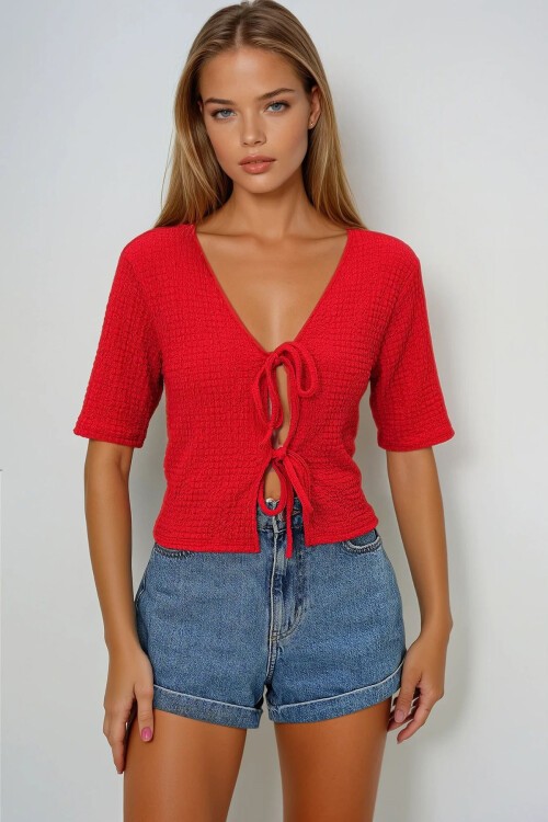 Kırmızı Önden Bağlamalı Kısa Kol Gofre Yazlık Bluz