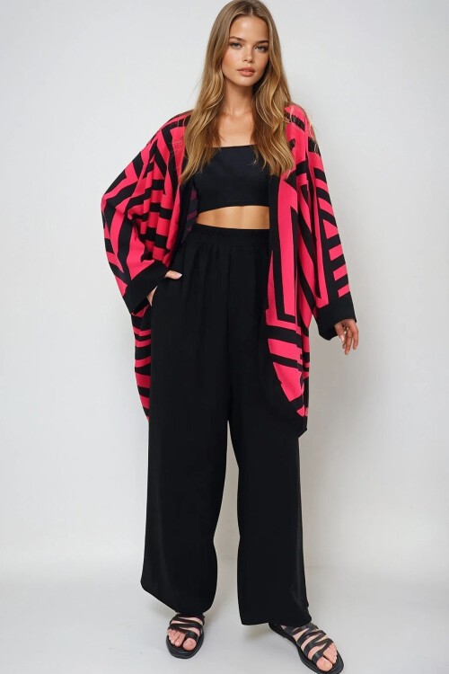 Kırmızı Siyah Yarasa Kol Dokuma Uzun Kimono Ve Çift Cepli Palazzo Pantolon Takım