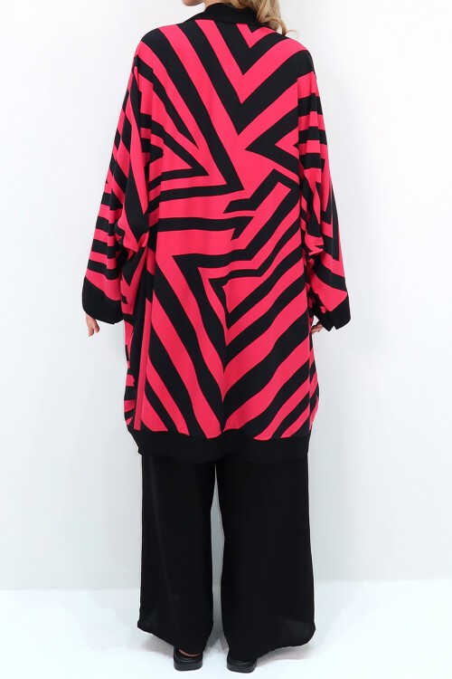 Kırmızı Siyah Yarasa Kol Dokuma Uzun Kimono Ve Çift Cepli Palazzo Pantolon Takım