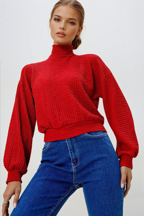 Kırmızı Yarım Balıkçı Yaka Bürümcük Crop Bluz