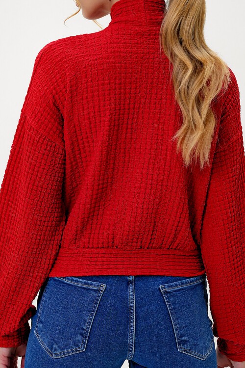 Kırmızı Yarım Balıkçı Yaka Bürümcük Crop Bluz