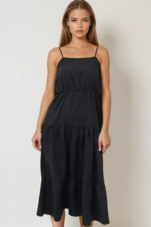 Koyu Antrasit Kat Kat Volanlı Askılı Boncuk Aksesuarlı Midiboy Elbise