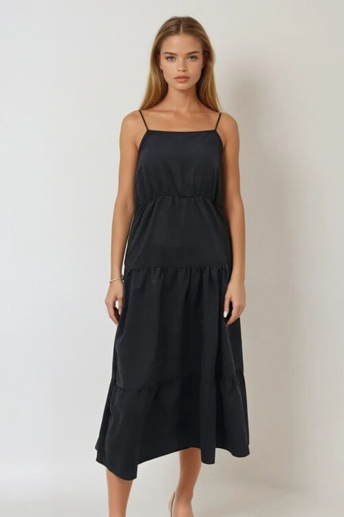 Koyu Antrasit Kat Kat Volanlı Askılı Boncuk Aksesuarlı Midiboy Elbise