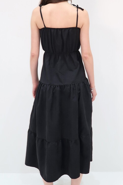 Koyu Antrasit Kat Kat Volanlı Askılı Boncuk Aksesuarlı Midiboy Elbise